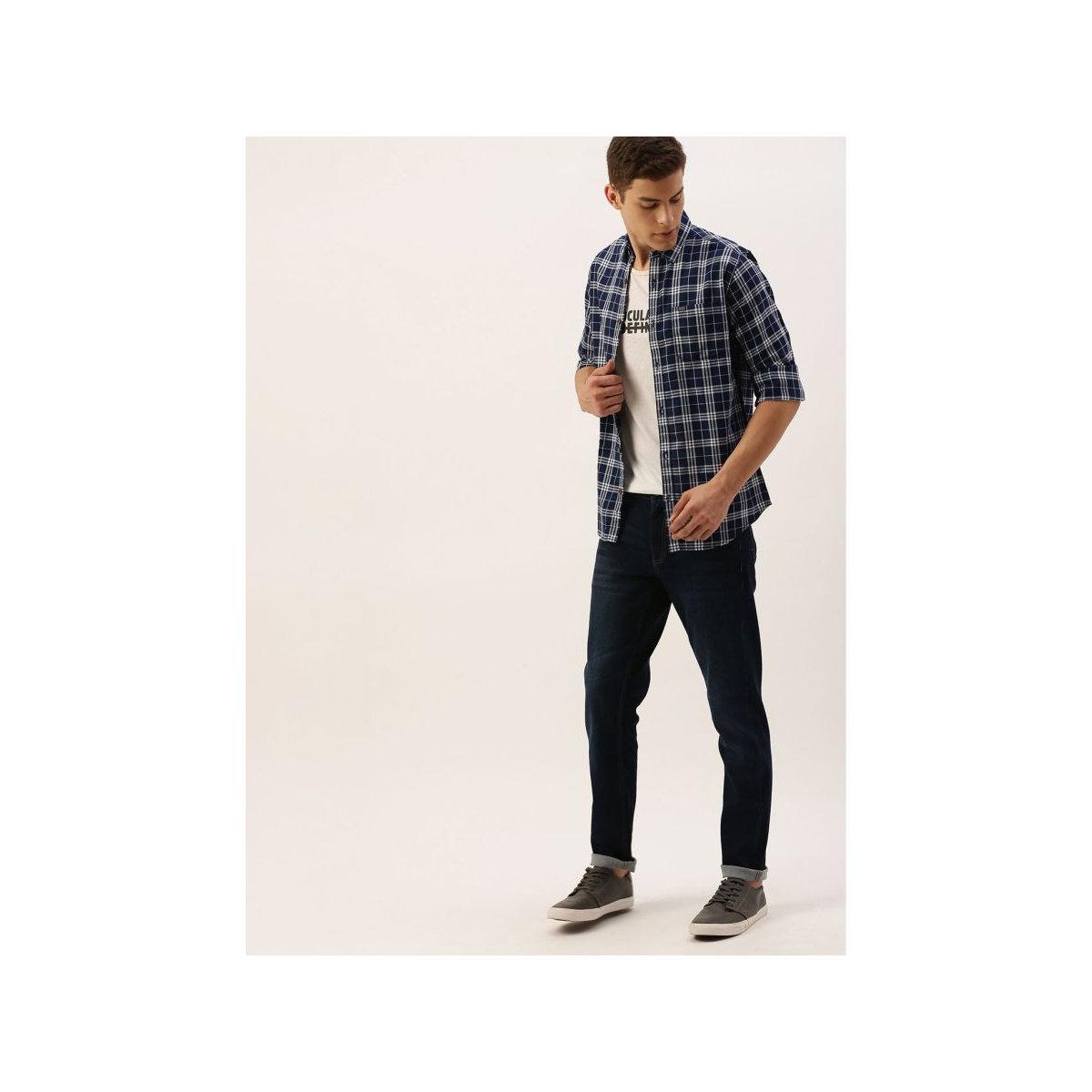 The Indian Garage Co Men Navy Blue Slim Fit Checked Casual Shirt-men-clothing-shirts-image-6