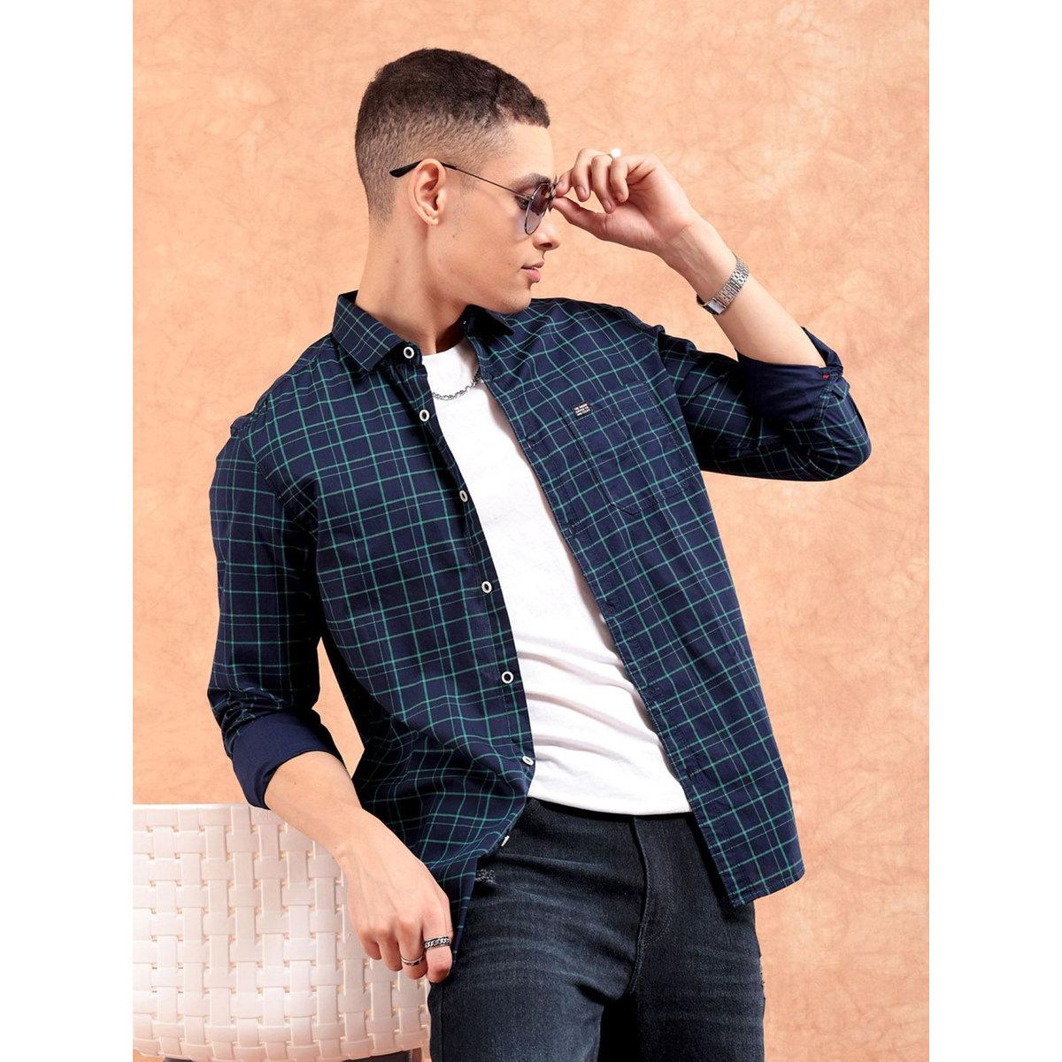 The Indian Garage Co Men Navy Blue Slim Fit Checked Casual Shirt-men-clothing-shirts-image-1