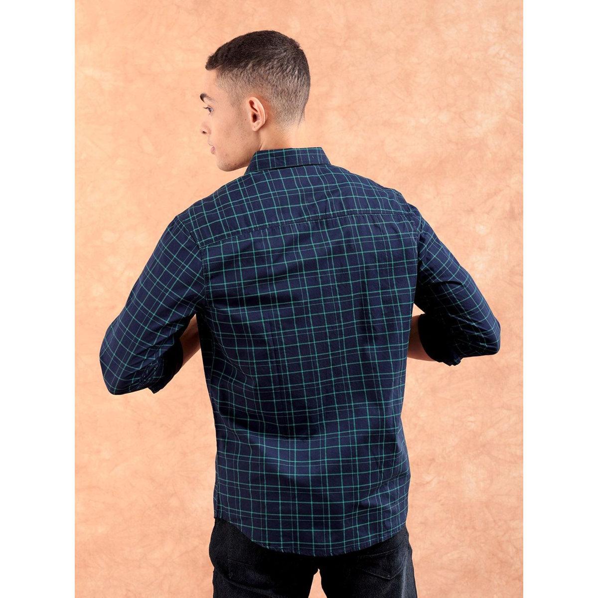 The Indian Garage Co Men Navy Blue Slim Fit Checked Casual Shirt-men-clothing-shirts-image-5