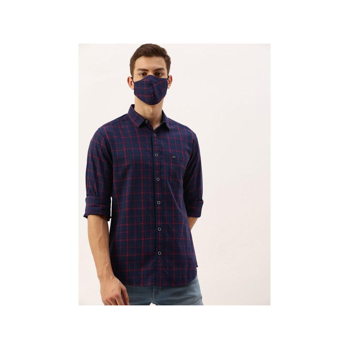 The Indian Garage Co Men Navy Blue Slim Fit Checked Casual Shirt and Mask Set-men-clothing-shirts-image-1
