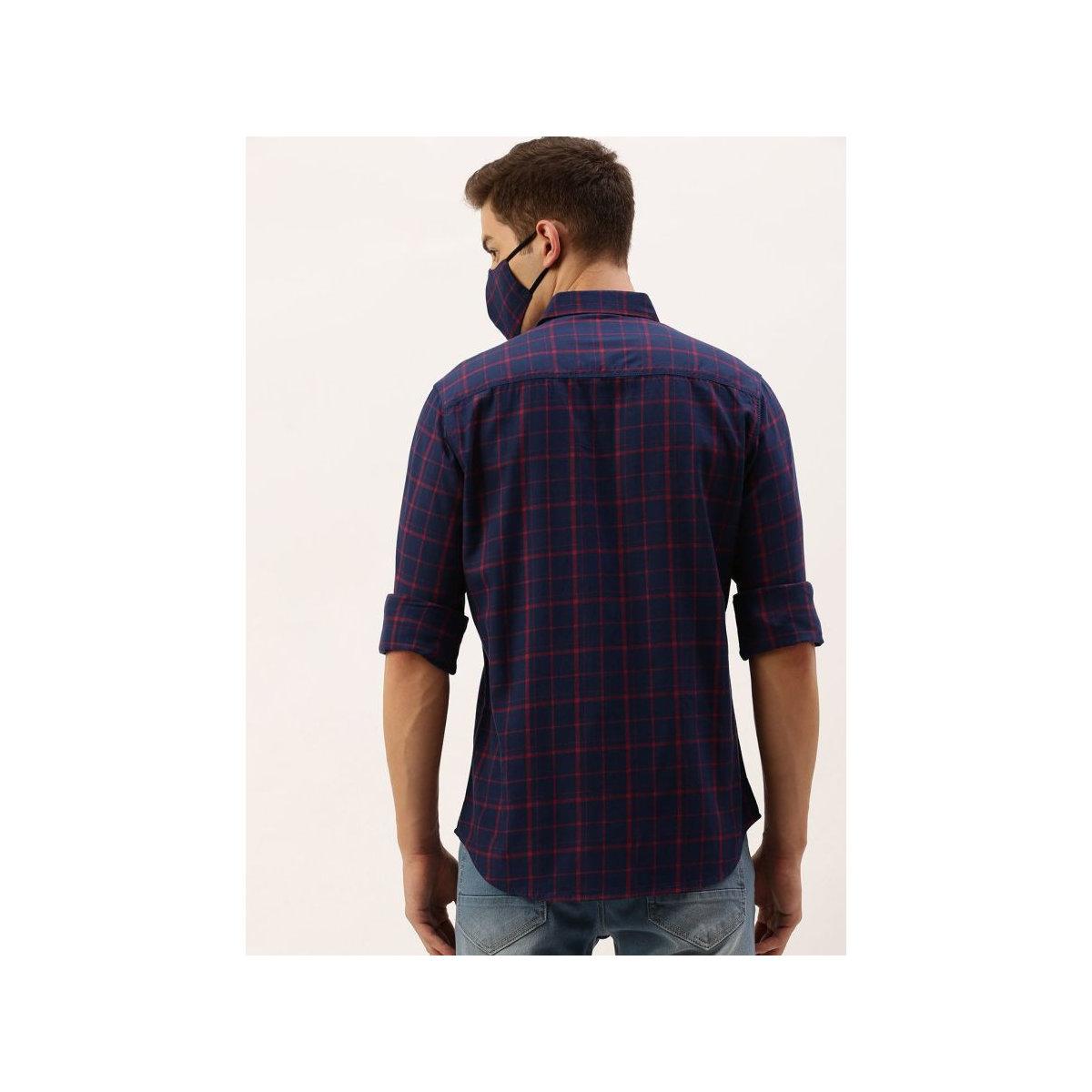 The Indian Garage Co Men Navy Blue Slim Fit Checked Casual Shirt and Mask Set-men-clothing-shirts-image-4
