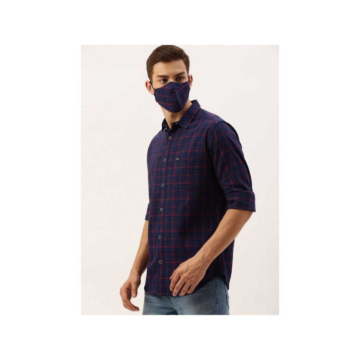 The Indian Garage Co Men Navy Blue Slim Fit Checked Casual Shirt and Mask Set-men-clothing-shirts-image-5