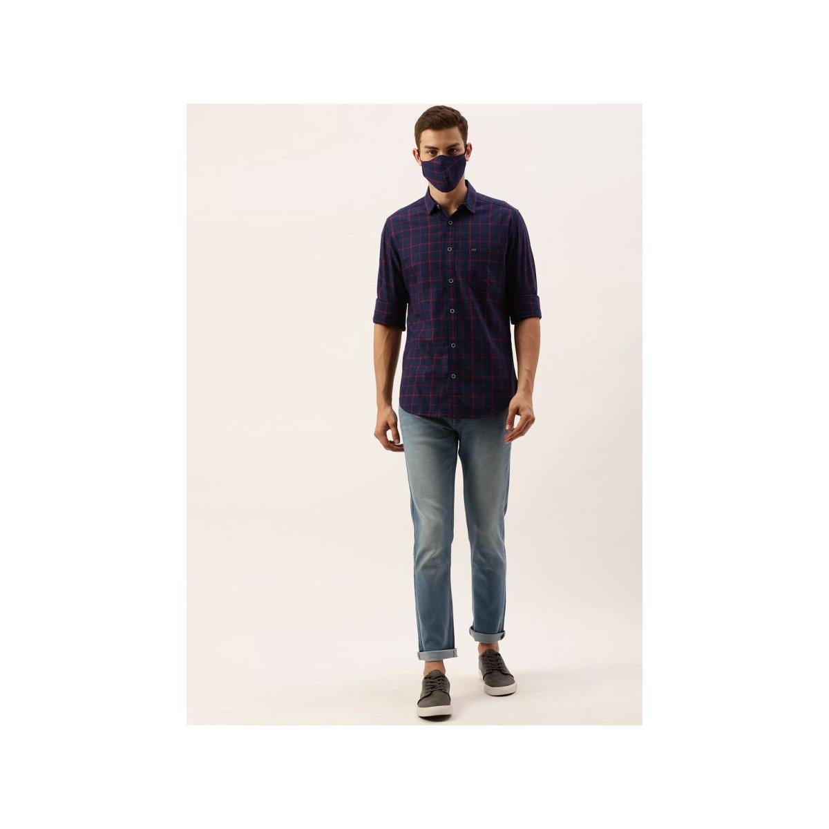 The Indian Garage Co Men Navy Blue Slim Fit Checked Casual Shirt and Mask Set-men-clothing-shirts-image-6