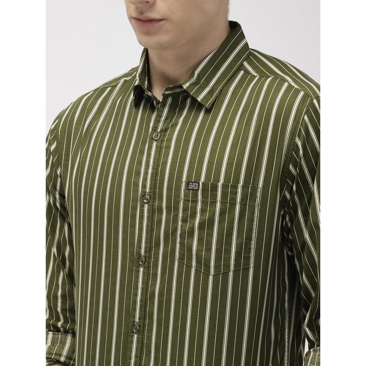 The Indian Garage Co X Styli Men Olive Slim Fit Striped Casual Shirt-men-clothing-shirts-image-2