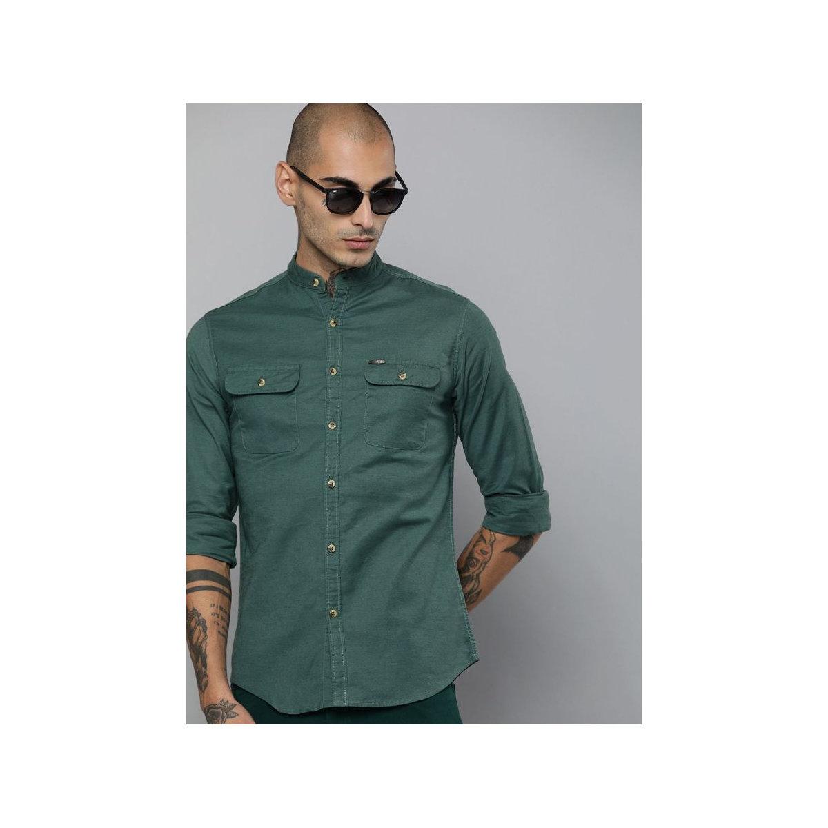 The Indian Garage Co X Styli Men Green Slim Fit Solid Casual Shirt-men-clothing-shirts-image-1