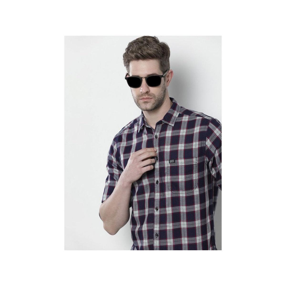The Indian Garage Co X Styli Men Navy Blue Checked Casual Shirt-men-clothing-shirts-image-1