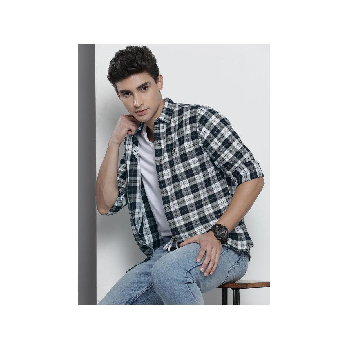 The Indian Garage Co X Styli Men Navy Blue Checked Casual Shirt-men-clothing-shirts-image-1