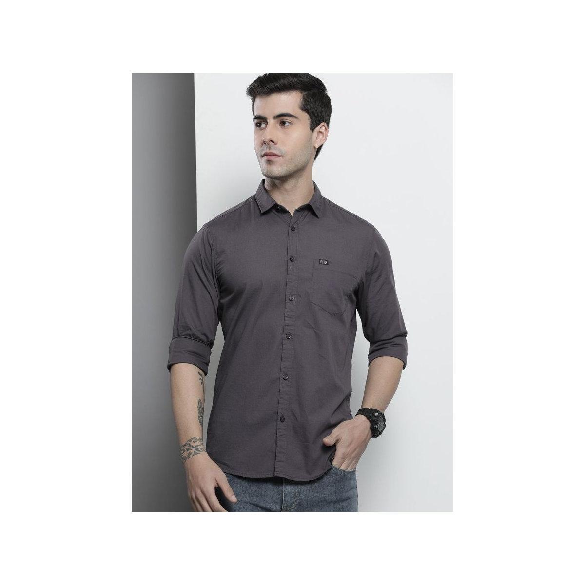 The Indian Garage Co X Styli Men Charcoal Slim Fit Solid Casual Shirt-men-clothing-shirts-image-1