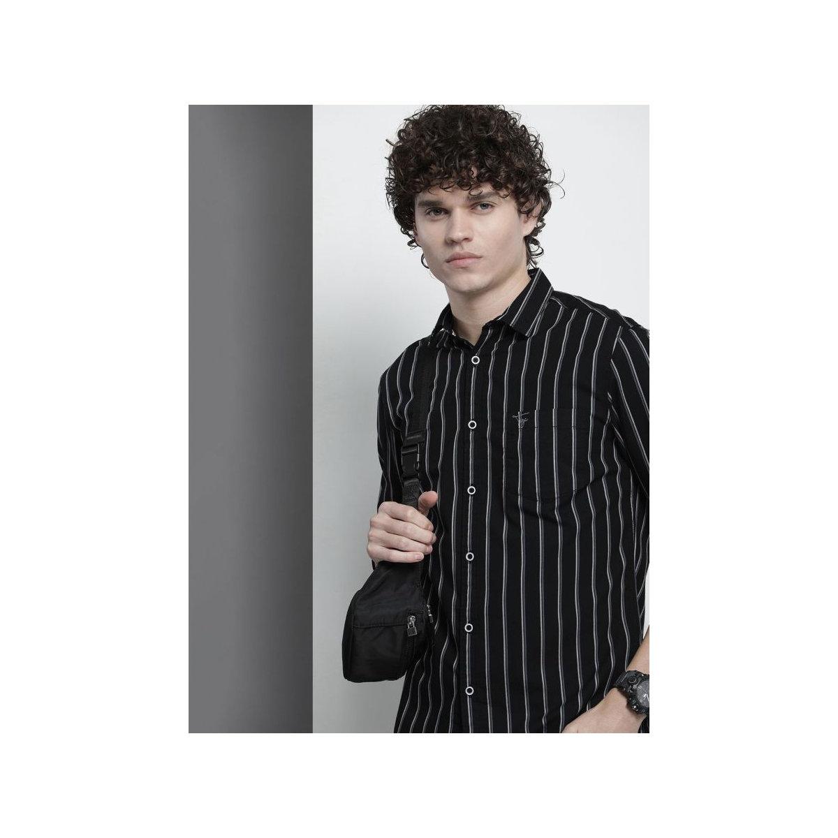 The Indian Garage Co X Styli Men Black Striped Spread Collar Shirt-men-clothing-shirts-image-1