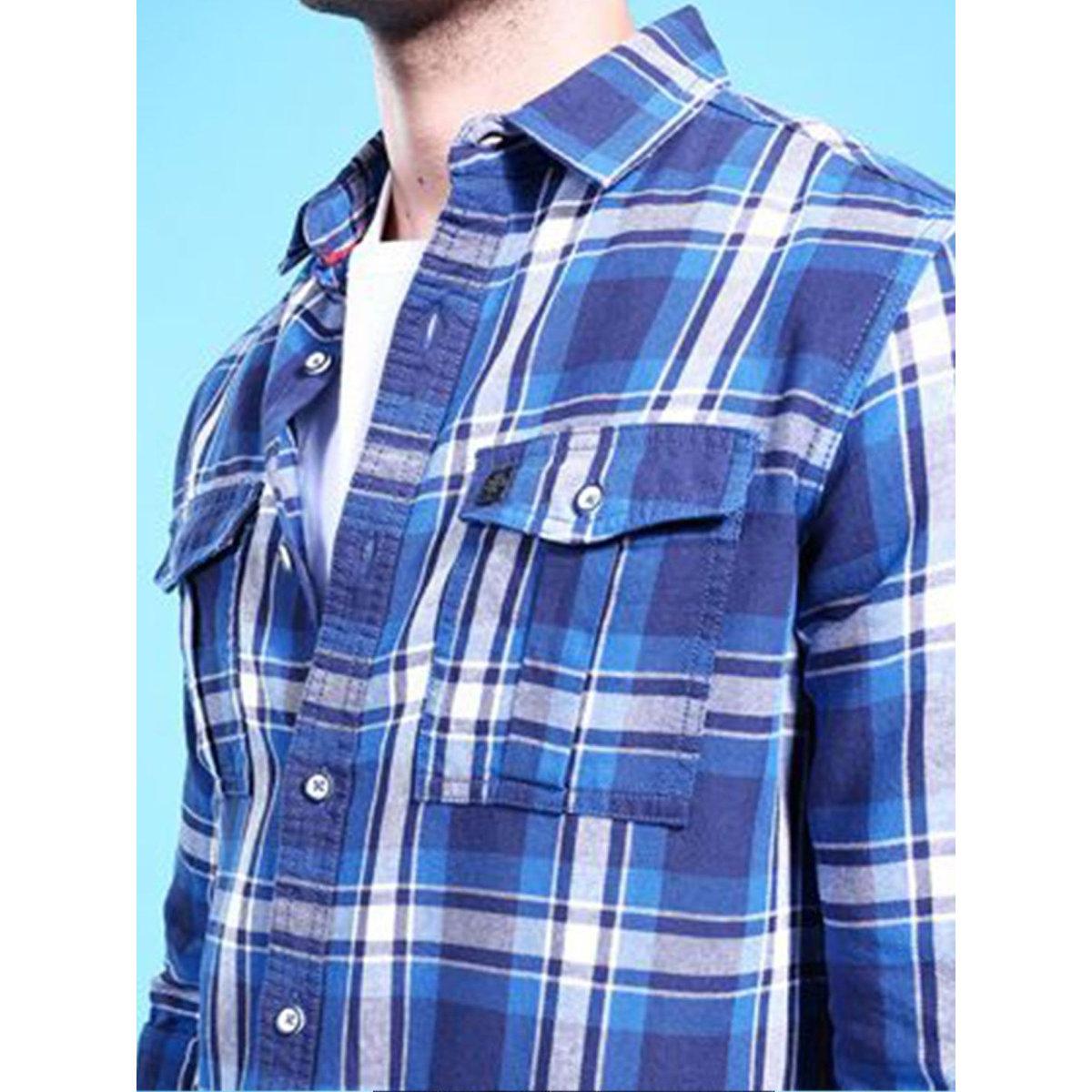 The Indian Garage Co X Styli Men Blue Plaid Spread Collar Shirt-men-clothing-shirts-image-2