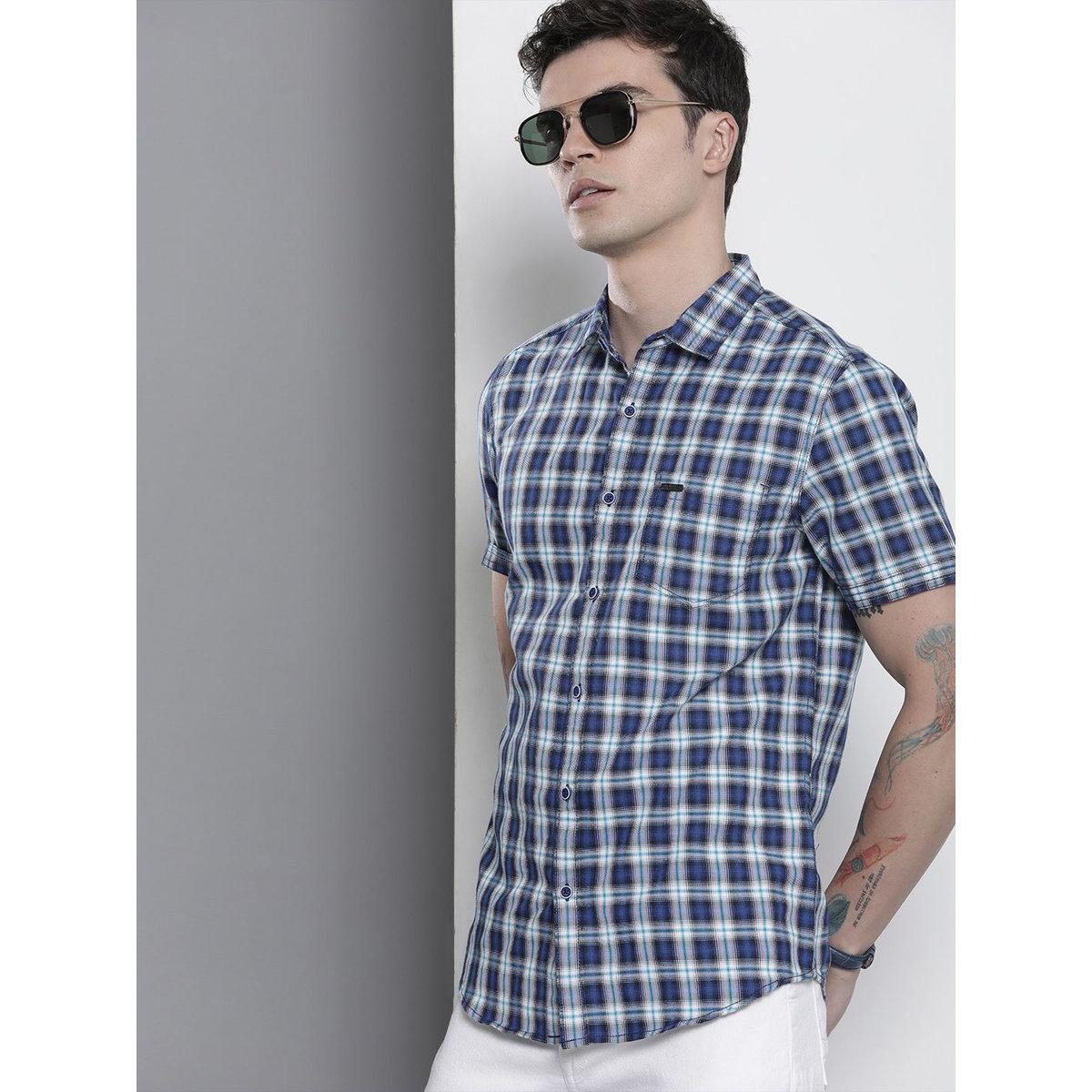 The Indian Garage Co X Styli Men Navy Blue Slim Fit Checked Casual Shirt-men-clothing-shirts-image-1