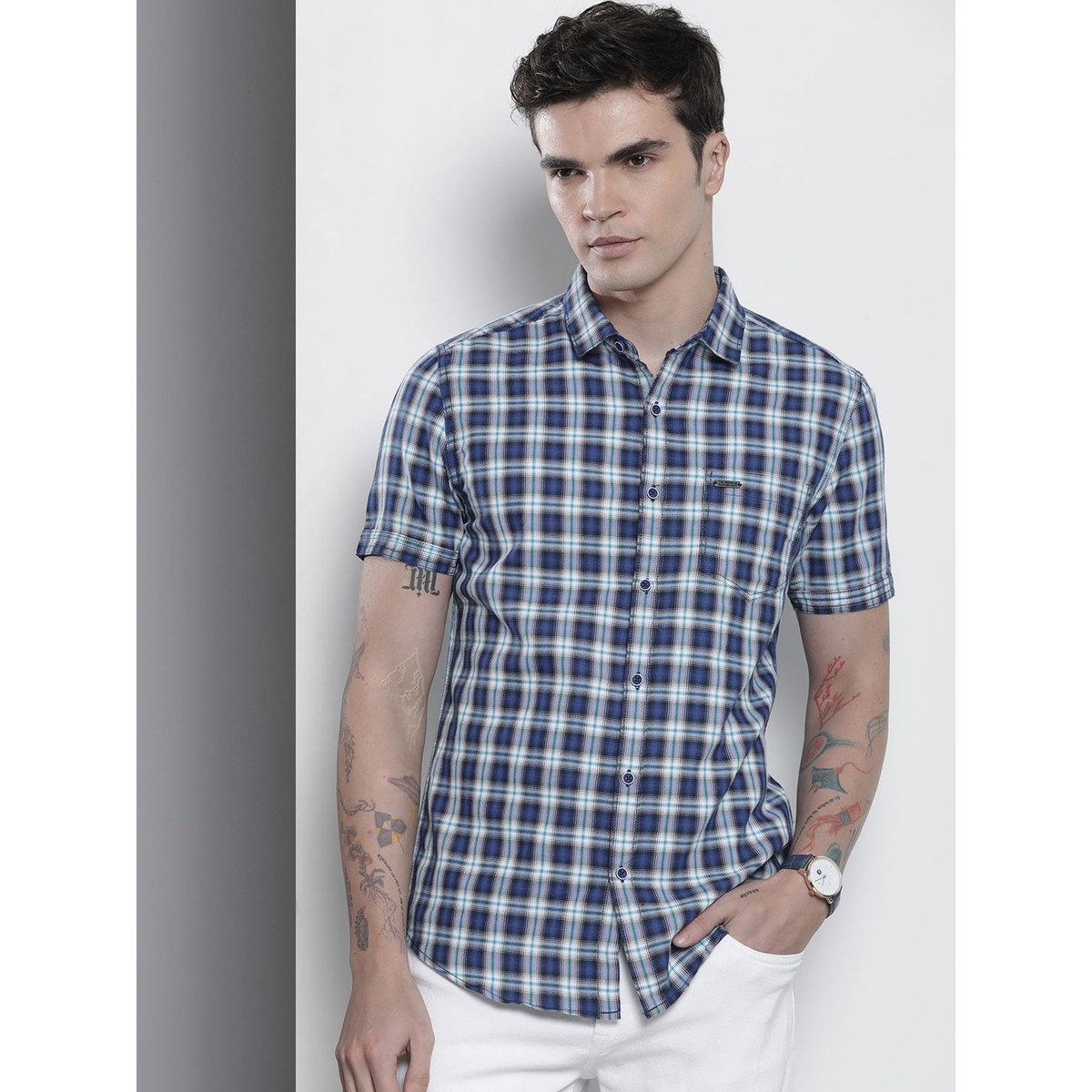The Indian Garage Co X Styli Men Navy Blue Slim Fit Checked Casual Shirt-men-clothing-shirts-image-3