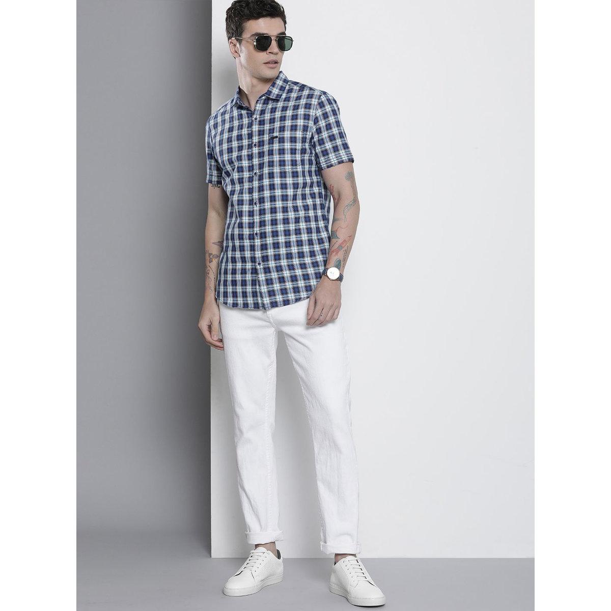The Indian Garage Co X Styli Men Navy Blue Slim Fit Checked Casual Shirt-men-clothing-shirts-image-4