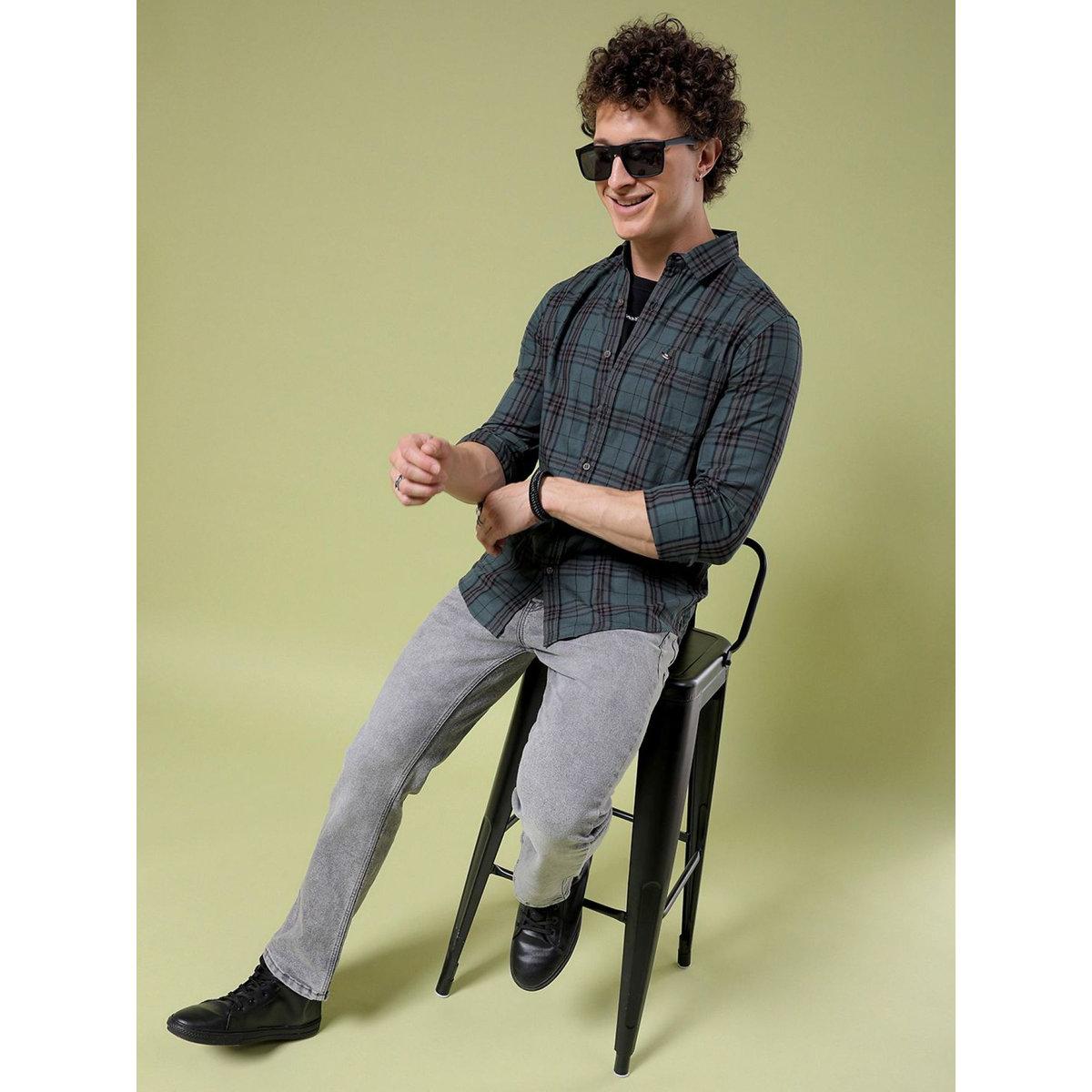 The Indian Garage Co X Styli Men Dark Green Slim Fit Checked Casual Shirt-men-clothing-shirts-image-4