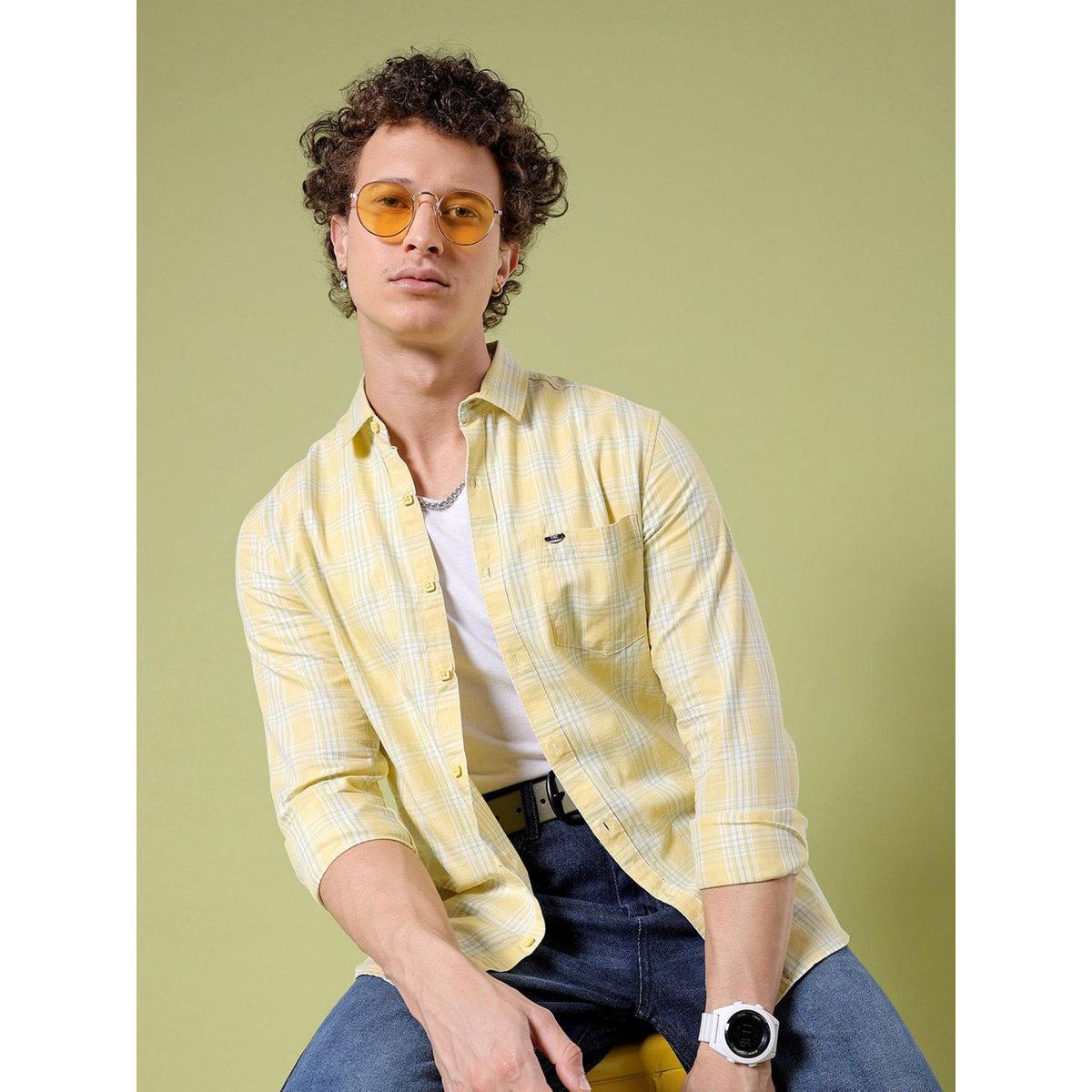 The Indian Garage Co X Styli Men Yellow Slim Fit Checked Casual Shirt-men-clothing-shirts-image-1