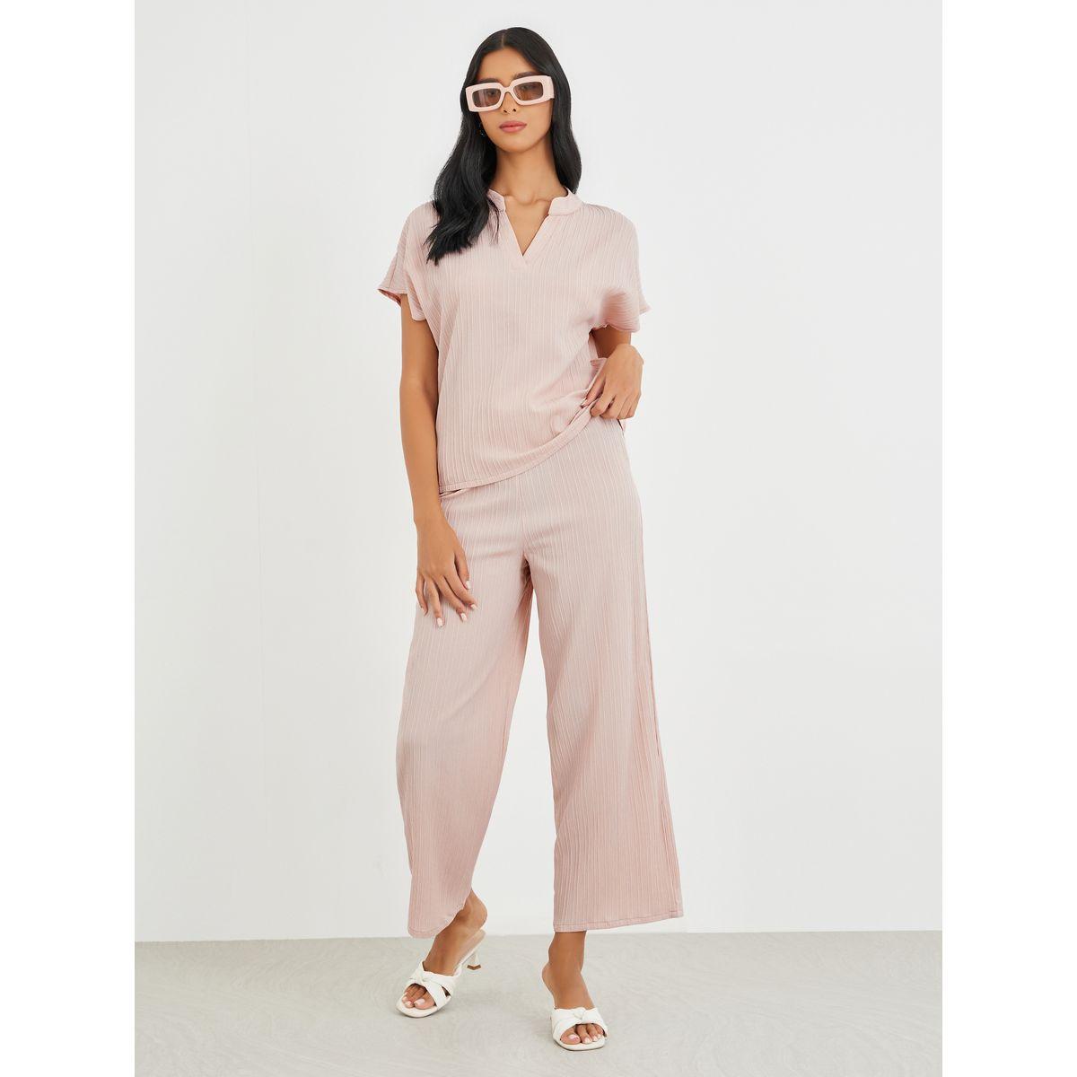 Styli Solid Extended Sleeves Top and Wide Leg Pants Co-Ords-women-clothing-coordsets-image-1