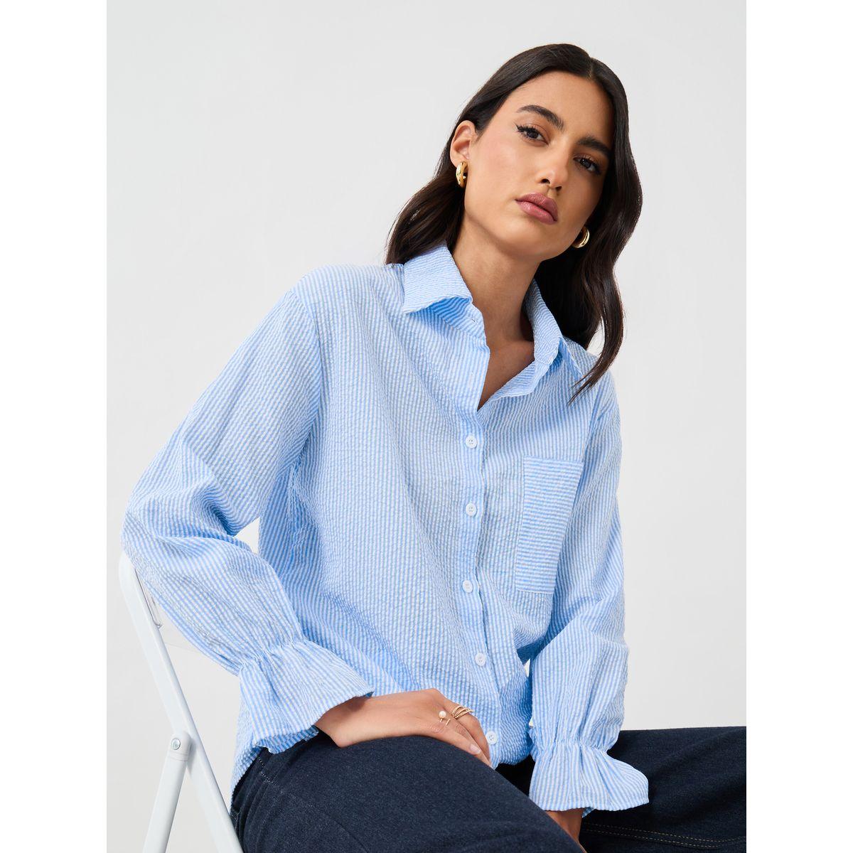 Styli Texture Striped Button Front Long Sleeve Shirt-women-clothing-shirtsandblouses-shirts-image-1