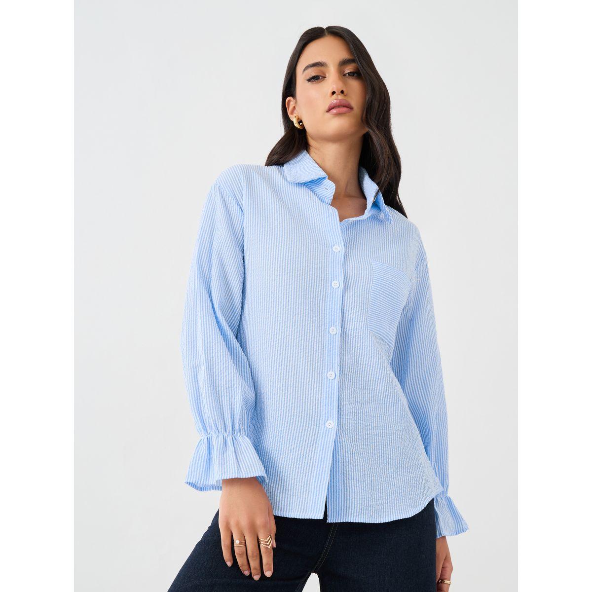 Styli Texture Striped Button Front Long Sleeve Shirt-women-clothing-shirtsandblouses-shirts-image-3
