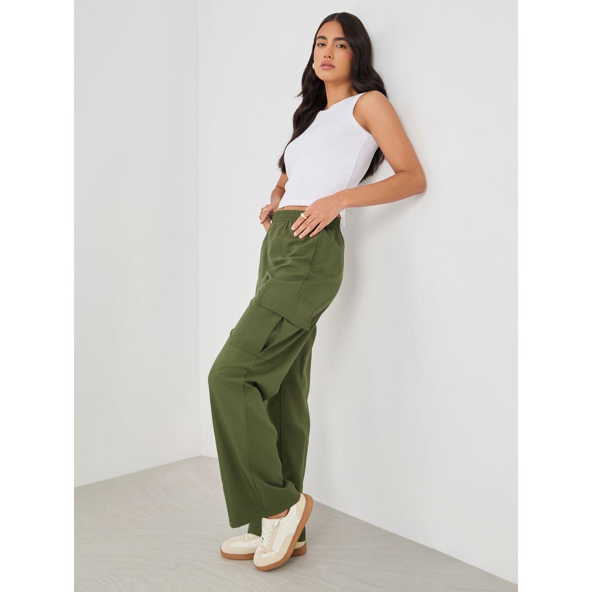 Styli Women Green Solid Elasticated Waistband Cargo Pants-women-clothing-bottoms-trousers-image-1