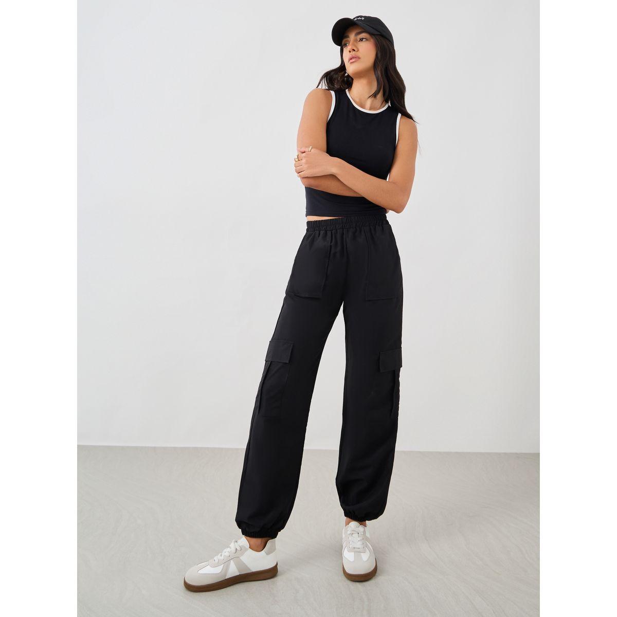 Styli Women Black Solid Elasticated Waistband Cargo Pants-women-clothing-bottoms-trousers-image-2