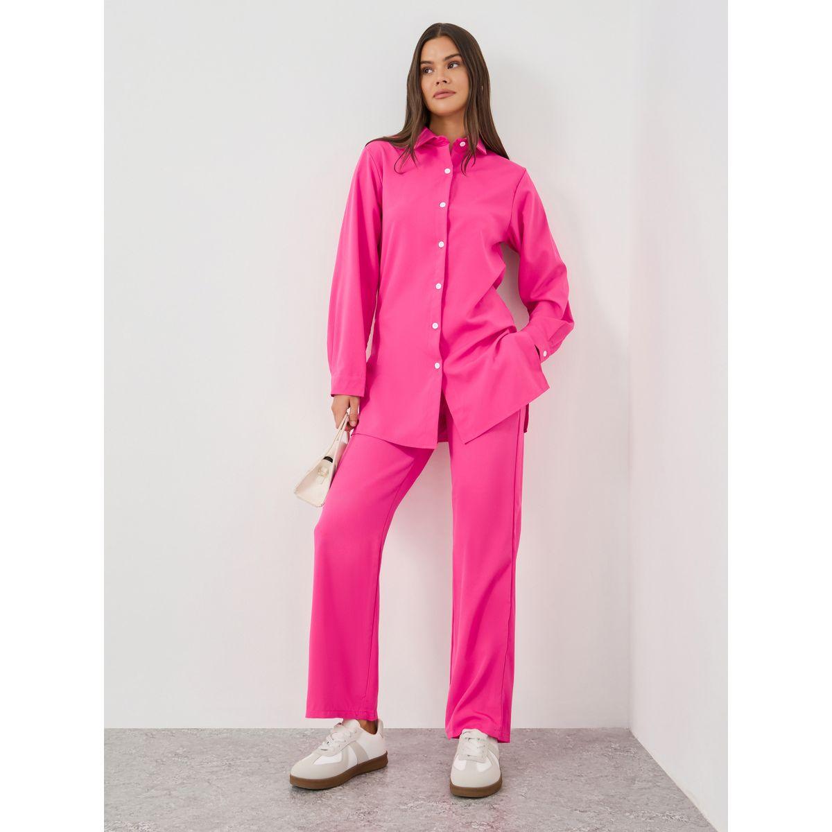Styli Solid Long Sleeve Shirt and Wide Leg Pants Co-Ords-women-clothing-coordsets-image-1