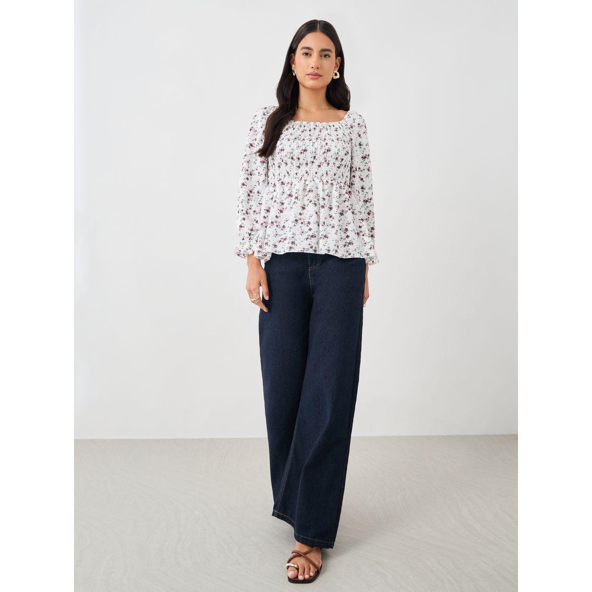 بلوزة بطبعات صغيرة وتفاصيل مزمومة مع أكمام منفوخة-women-clothing-shirtsandblouses-blouses-image-2