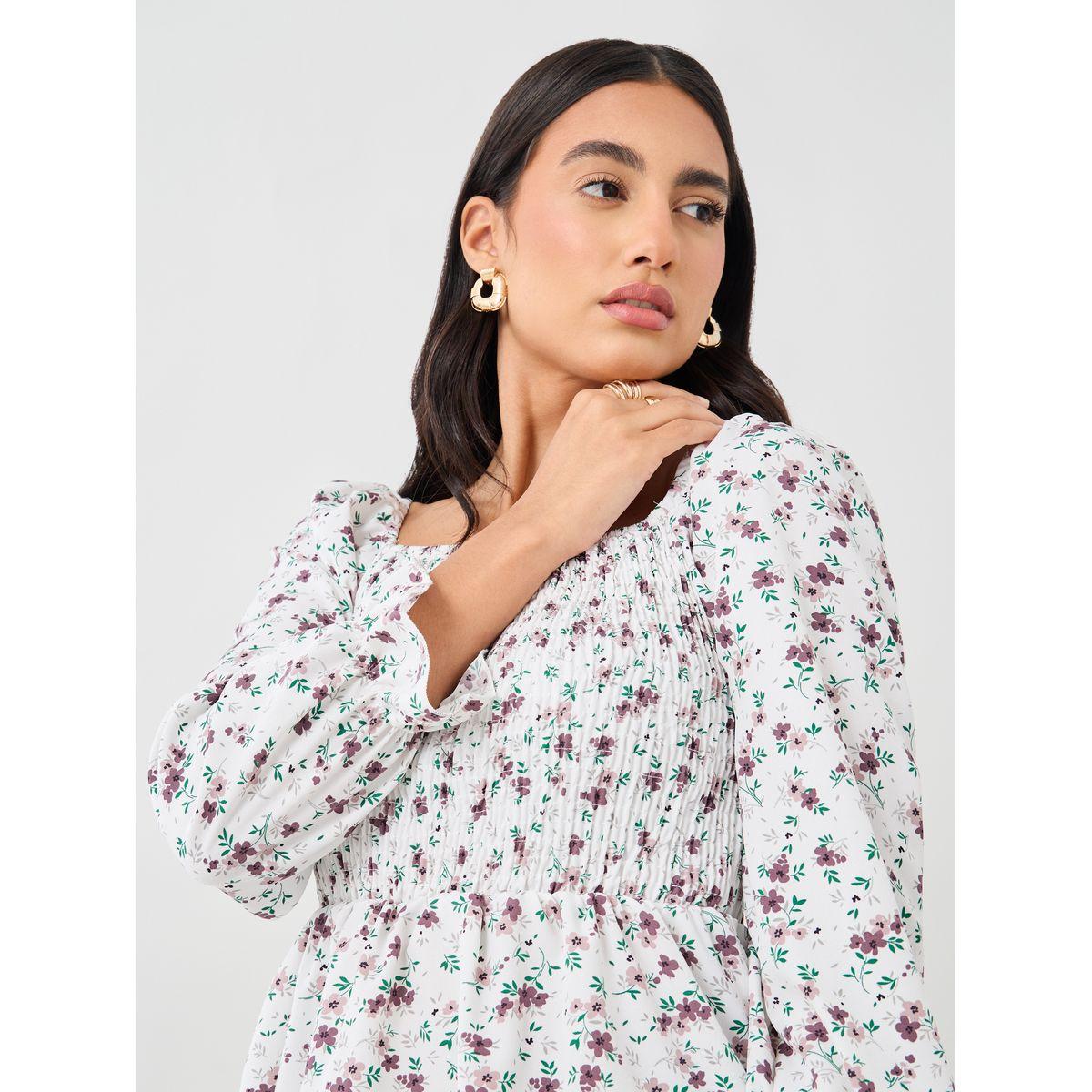 بلوزة بطبعات صغيرة وتفاصيل مزمومة مع أكمام منفوخة-women-clothing-shirtsandblouses-blouses-image-4