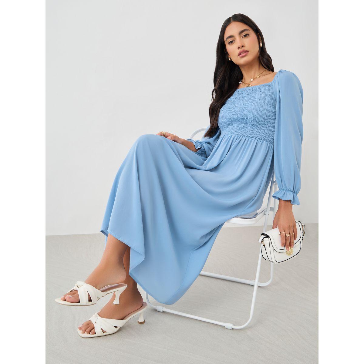 Styli Solid Balloon Sleeve Smocked Detail Midi Dress-women-clothing-dresses-image-1