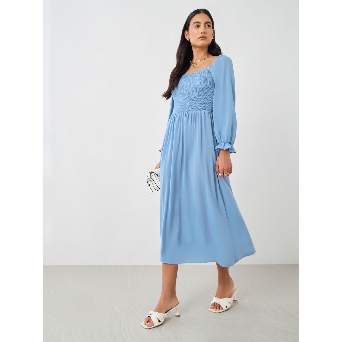 Styli Solid Balloon Sleeve Smocked Detail Midi Dress-women-clothing-dresses-image-2