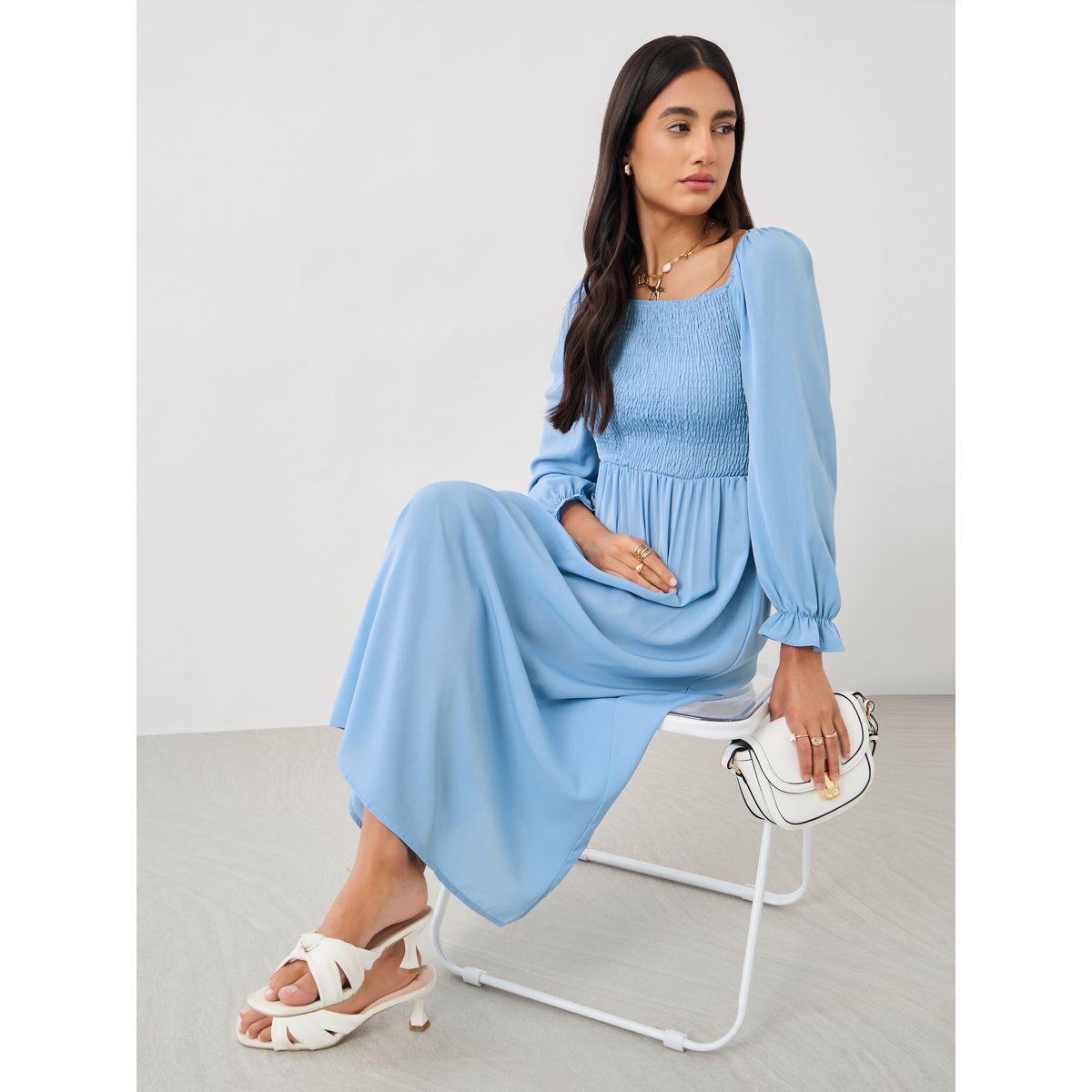 Styli Solid Balloon Sleeve Smocked Detail Midi Dress-women-clothing-dresses-image-3