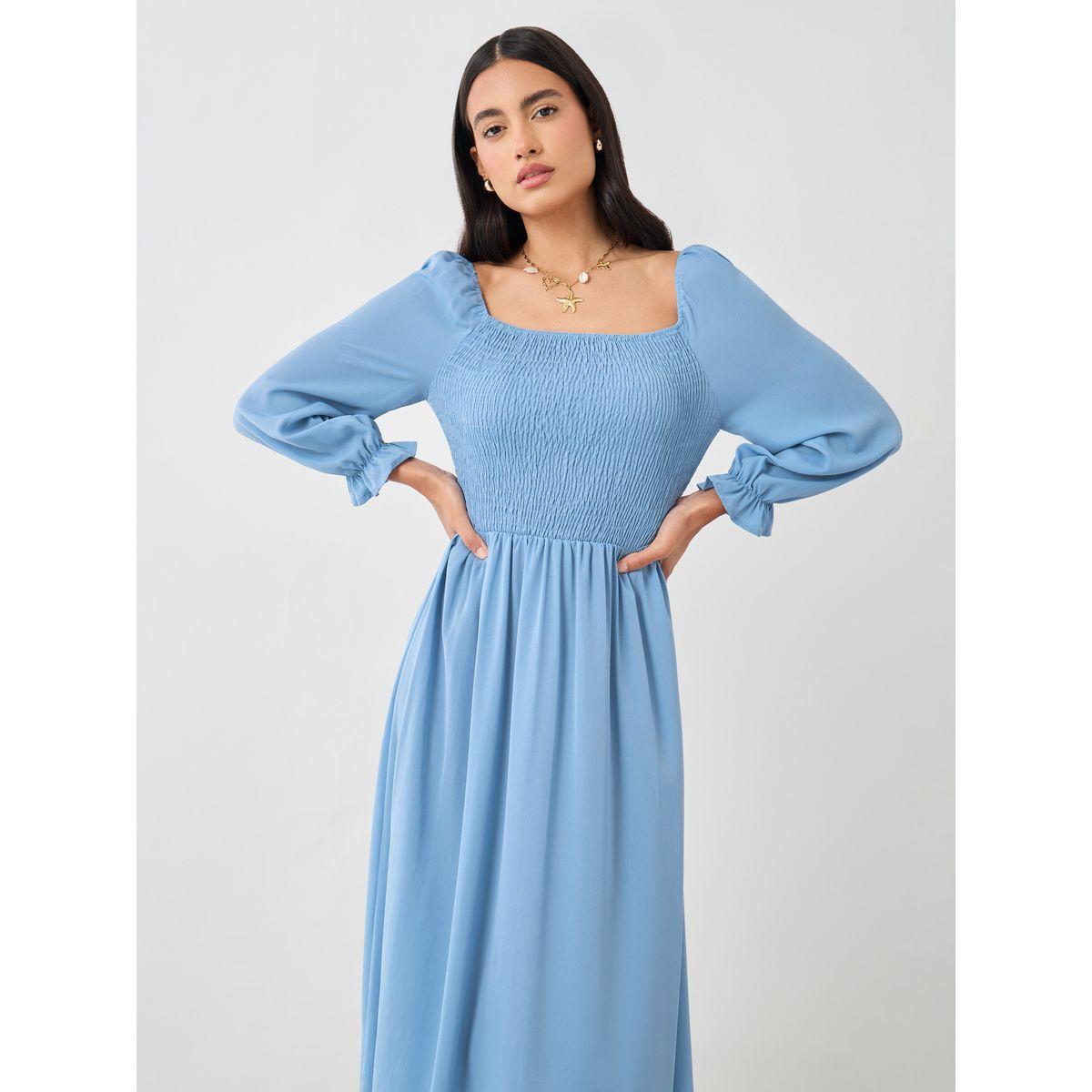 Styli Solid Balloon Sleeve Smocked Detail Midi Dress-women-clothing-dresses-image-4