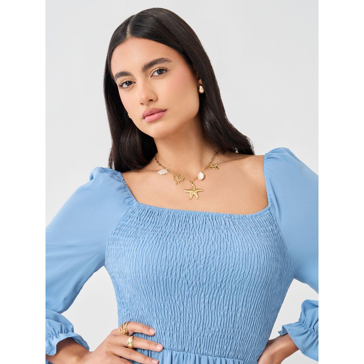 Styli Solid Balloon Sleeve Smocked Detail Midi Dress-women-clothing-dresses-image-5
