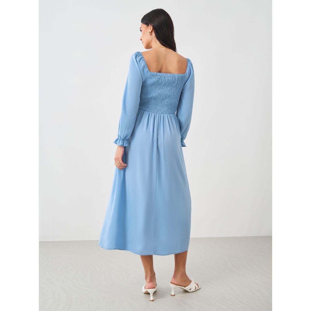 Styli Solid Balloon Sleeve Smocked Detail Midi Dress-women-clothing-dresses-image-6