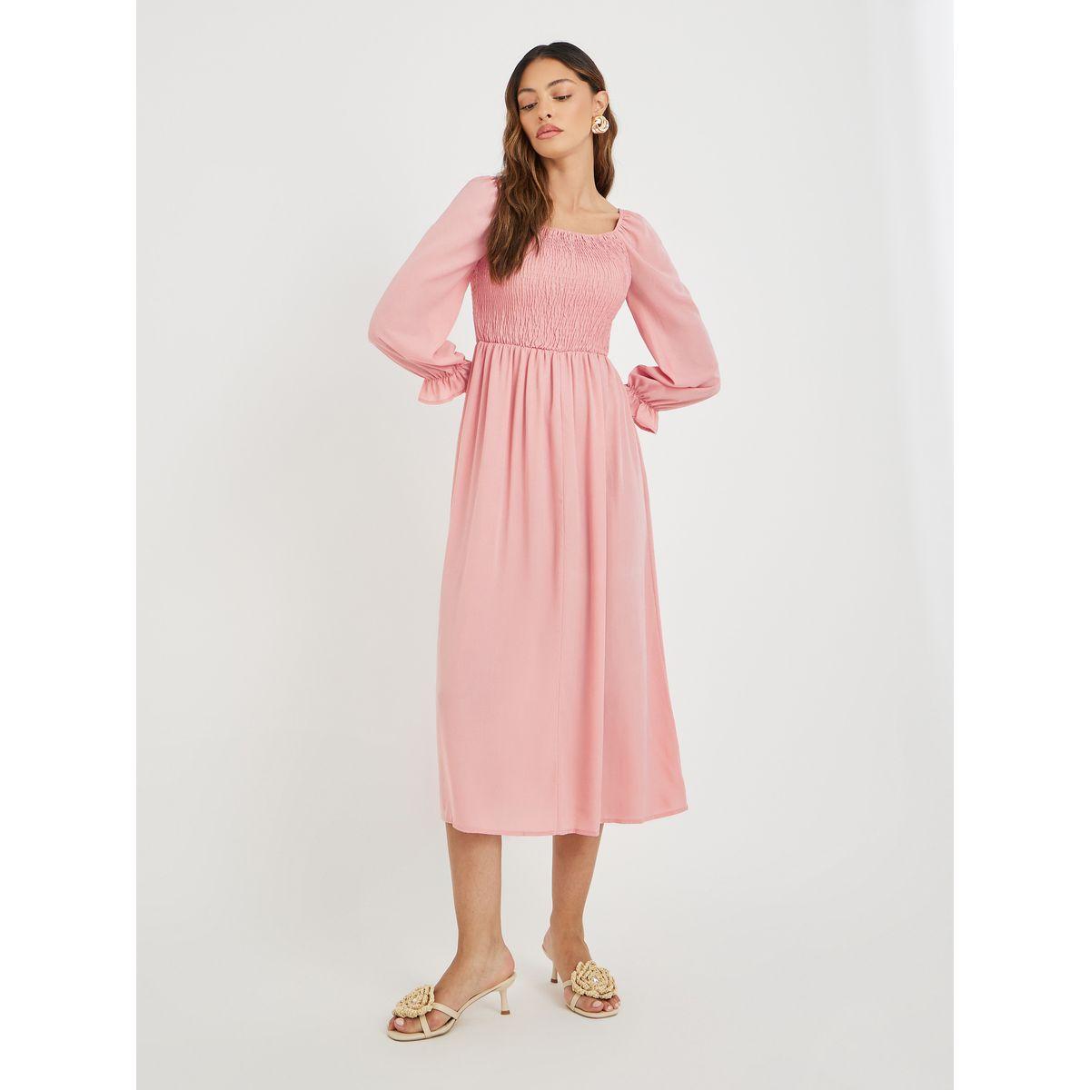 Styli Women Pink Solid Square Neck Smocked A-Line Midi Dress-women-clothing-dresses-image-1