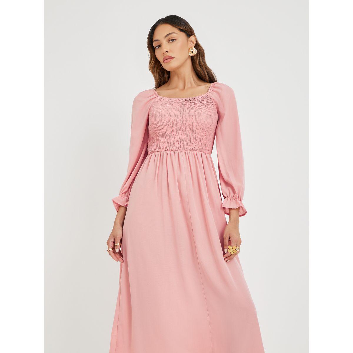 Styli Women Pink Solid Square Neck Smocked A-Line Midi Dress-women-clothing-dresses-image-2