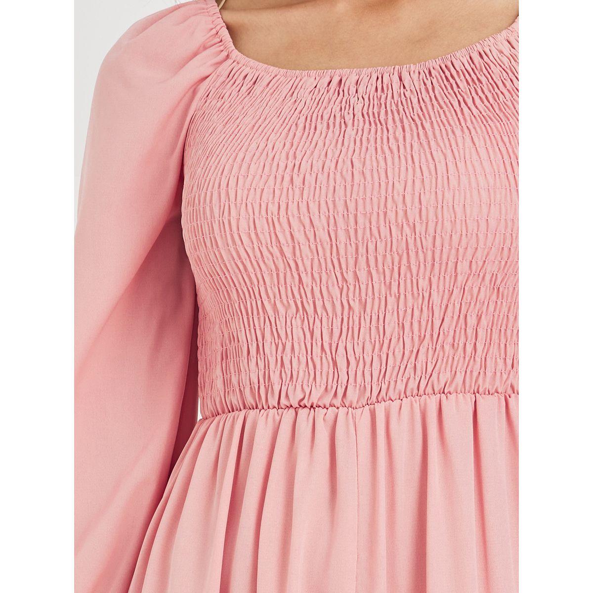 Styli Women Pink Solid Square Neck Smocked A-Line Midi Dress-women-clothing-dresses-image-3