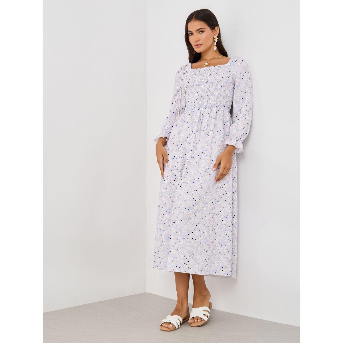 فستان ميدي بحافة واسعة وطبعة زهور-women-clothing-dresses-image-1