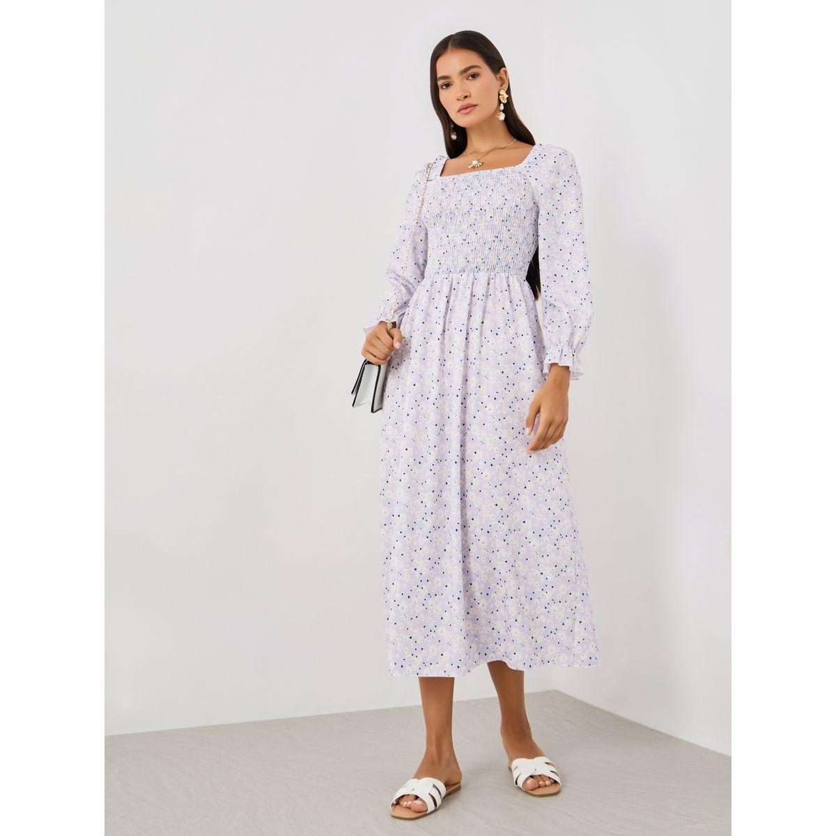 فستان ميدي بحافة واسعة وطبعة زهور-women-clothing-dresses-image-2