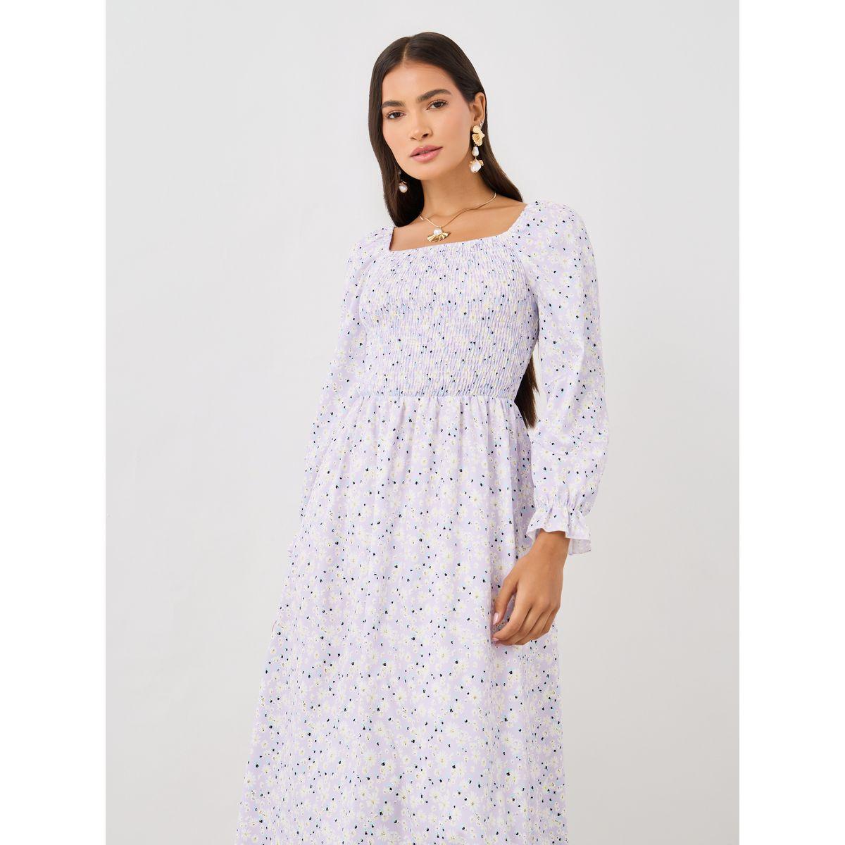 فستان ميدي بحافة واسعة وطبعة زهور-women-clothing-dresses-image-3