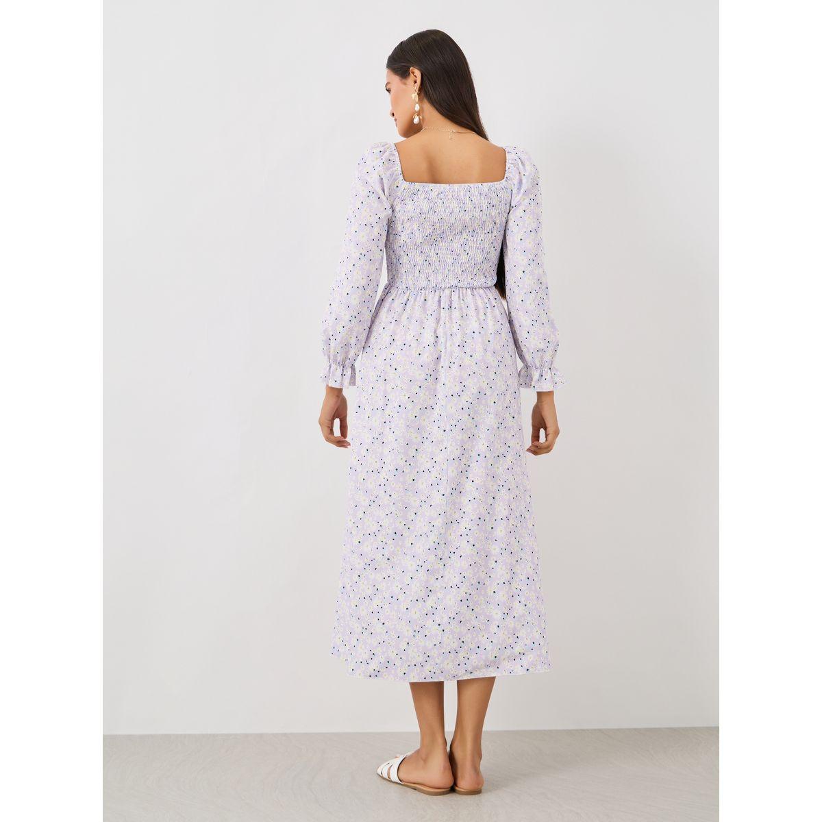 فستان ميدي بحافة واسعة وطبعة زهور-women-clothing-dresses-image-5