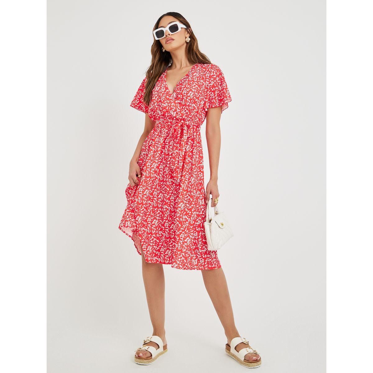 فستان ميدي بطبعات صغيرة ورباط خصر-women-clothing-dresses-image-1