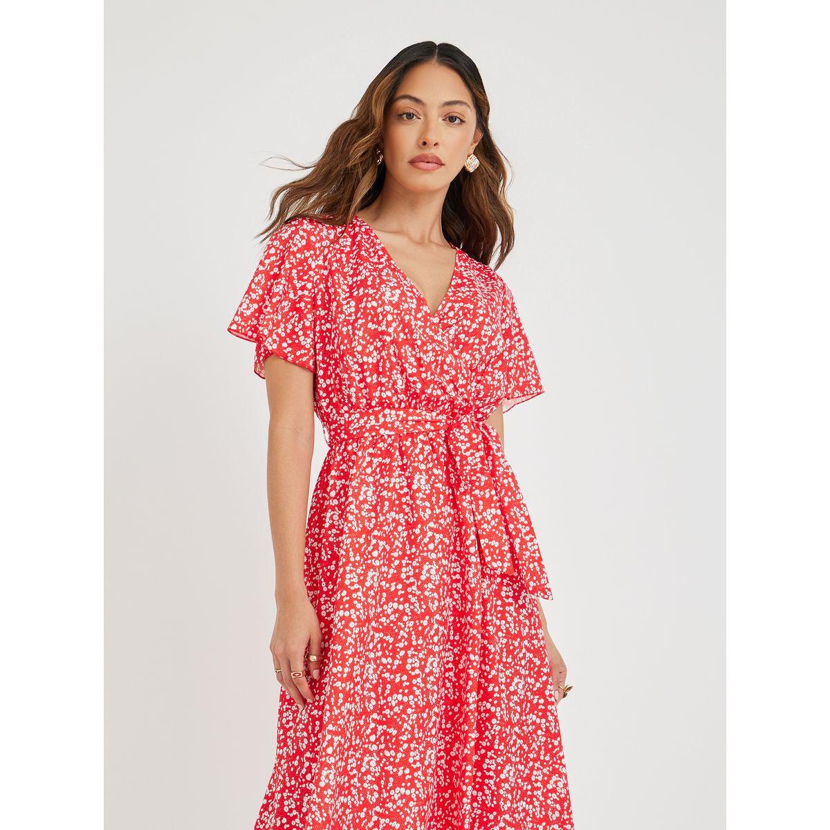 Styli Women Red Ditsy Print V Neck A-Line Midi Dress with Tie Waist-women-clothing-dresses-image-2