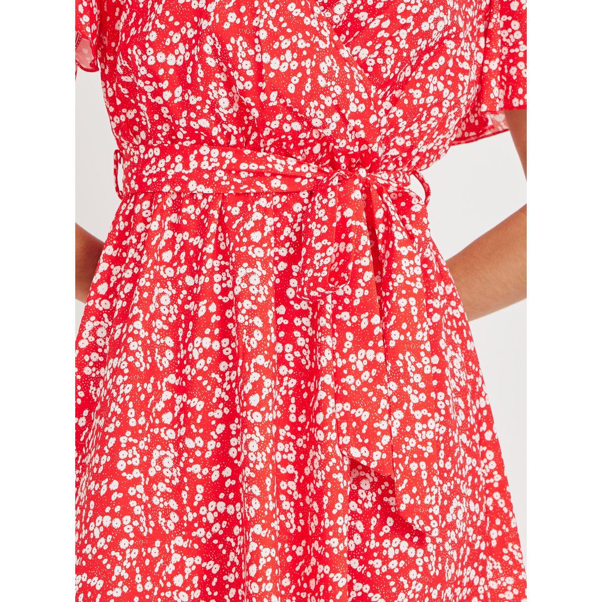 Styli Women Red Ditsy Print V Neck A-Line Midi Dress with Tie Waist-women-clothing-dresses-image-3