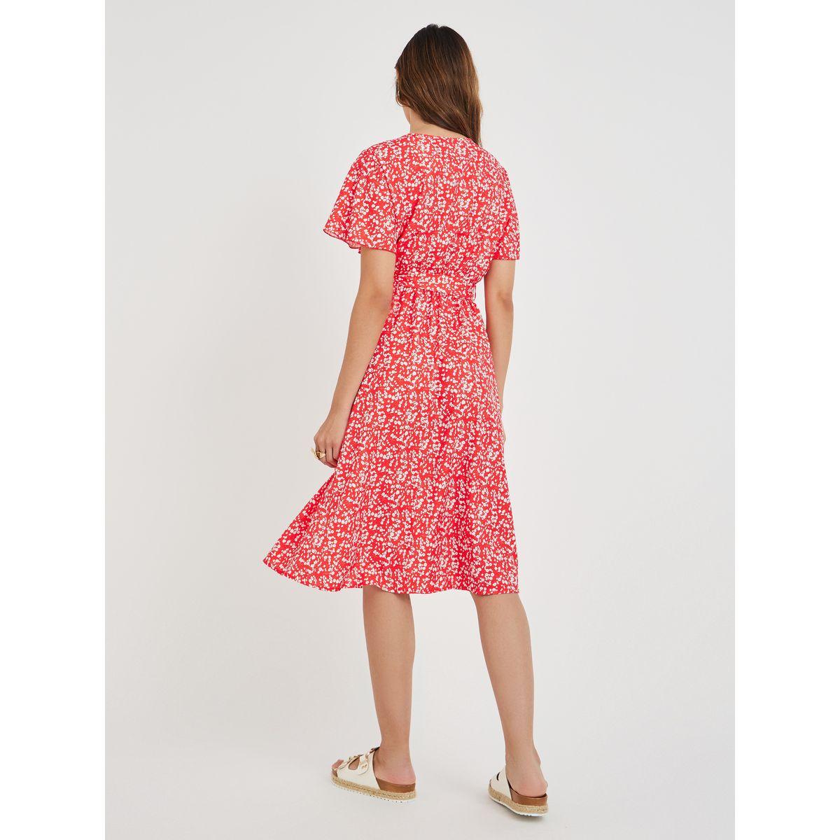 Styli Women Red Ditsy Print V Neck A-Line Midi Dress with Tie Waist-women-clothing-dresses-image-4