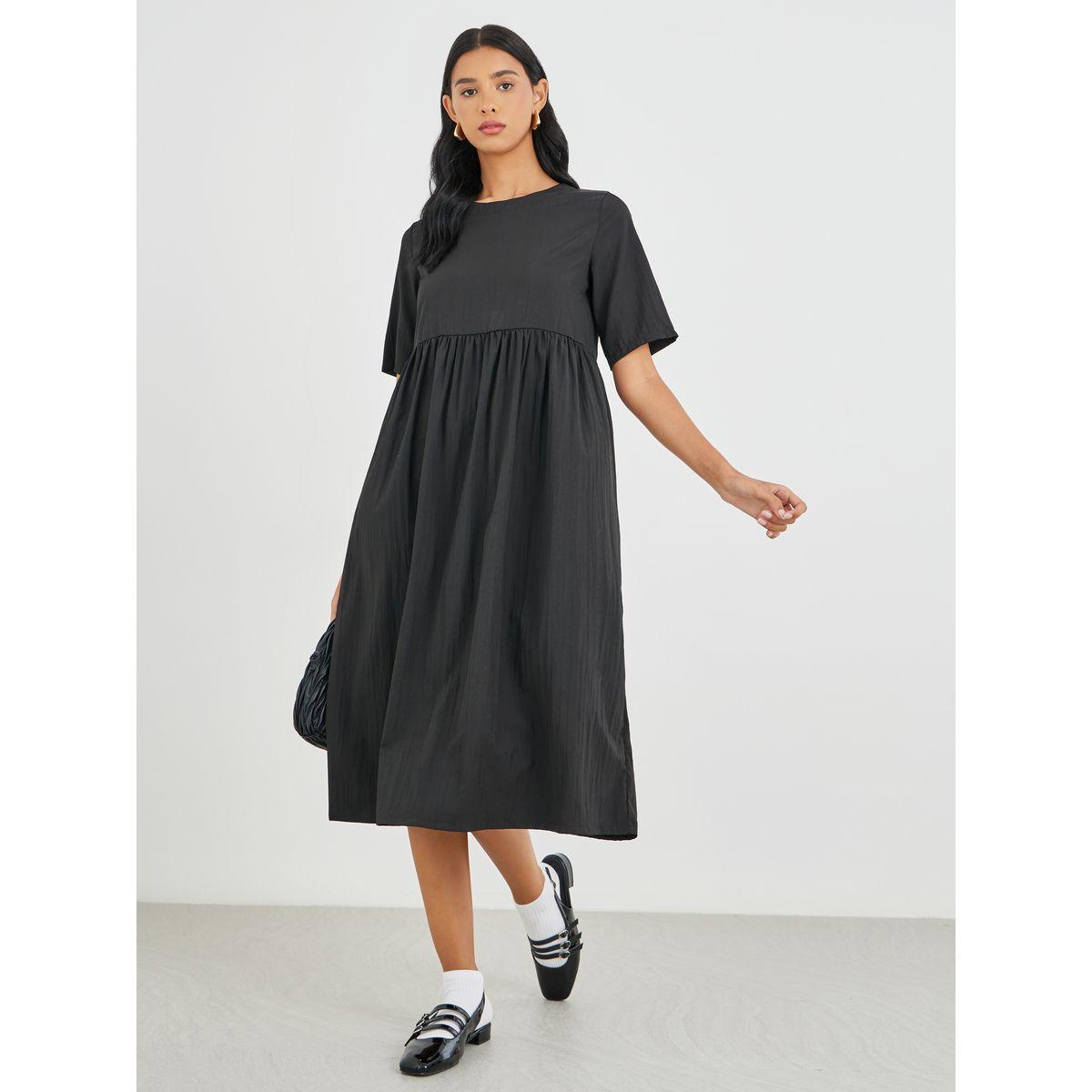 فستان ميدي سادة بأكمام قصيرة-women-clothing-dresses-image-1