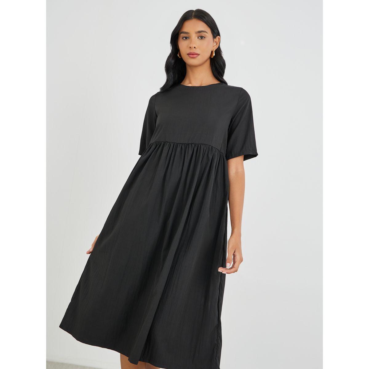 فستان ميدي سادة بأكمام قصيرة-women-clothing-dresses-image-2