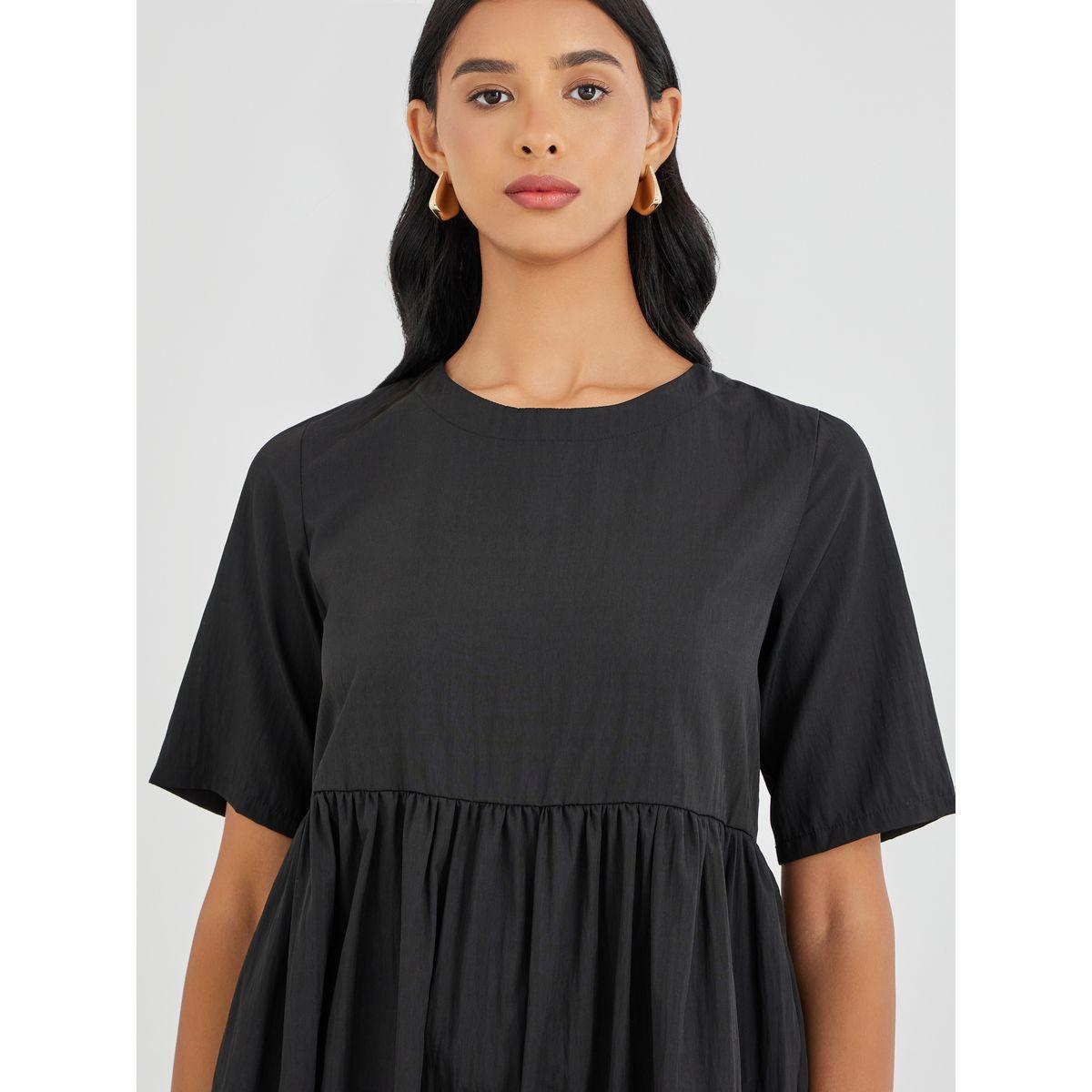Styli Solid Short Sleeve Round Neck A-Line Midi Dress-women-clothing-dresses-image-3