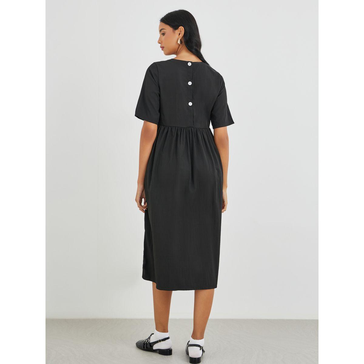 Styli Solid Short Sleeve Round Neck A-Line Midi Dress-women-clothing-dresses-image-4