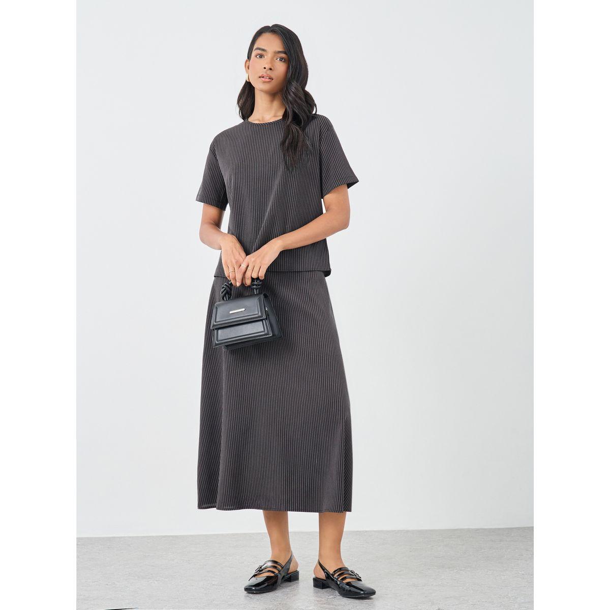 Styli Striped Round Neck Top and Midi Skirt Co-Ords-women-clothing-coordsets-image-1