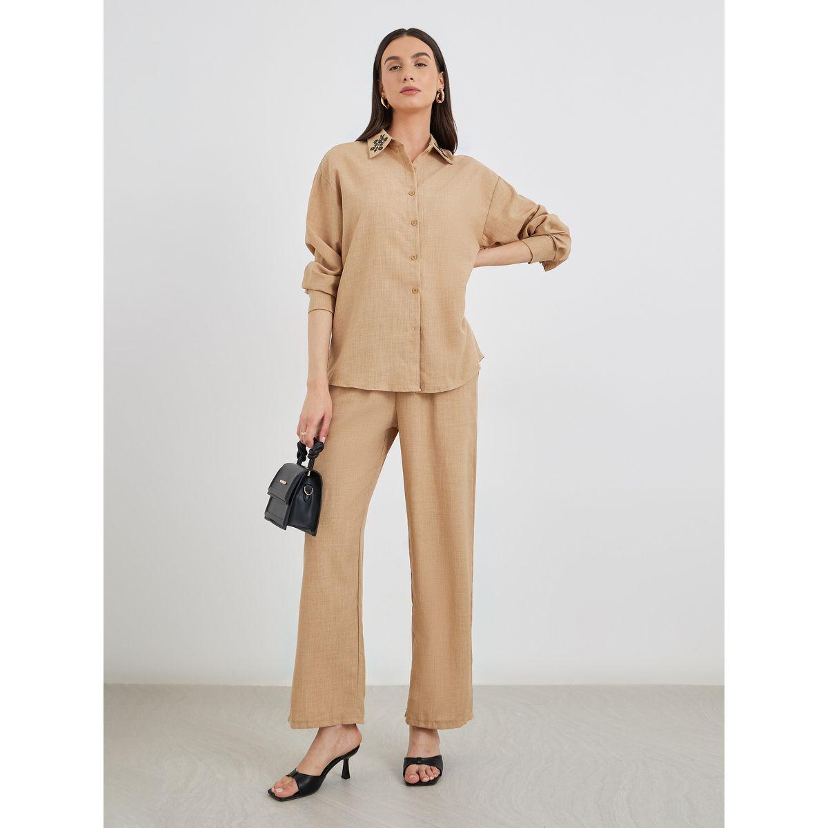Styli Embroidered Collar Detail Shirt and Pants Co-Ords-women-clothing-coordsets-image-2